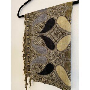 Paisley Pashmina Scarf/Wrap With Fringe - Gold, Black, Green & Cream